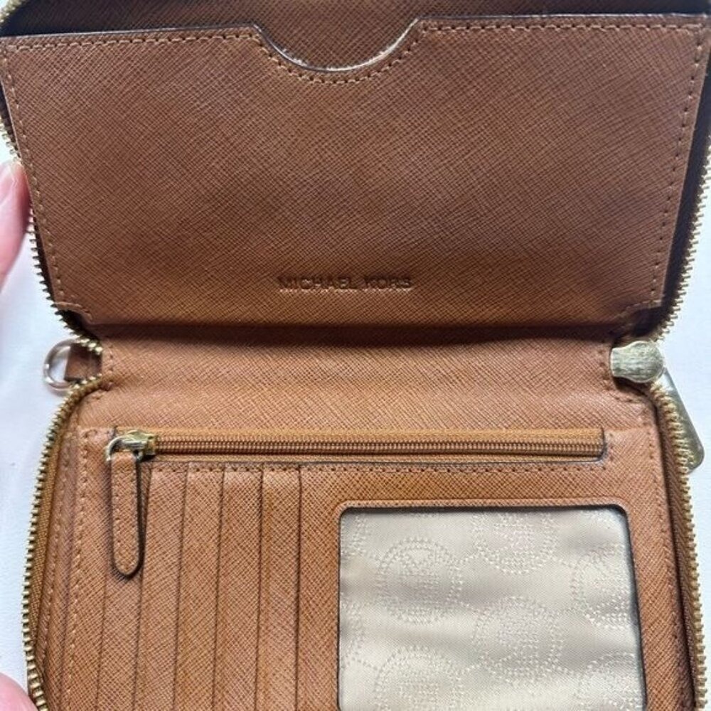 Michael Kors Jet Set Travel Zip Around Wallet brown Saffiano Leather Silver Logo - Picture 4 of 7